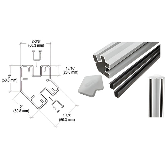 S365KS 36 in silver metallic aluminum 135-degree corner glass post kit with vinyl seals, top cap and profile drawing