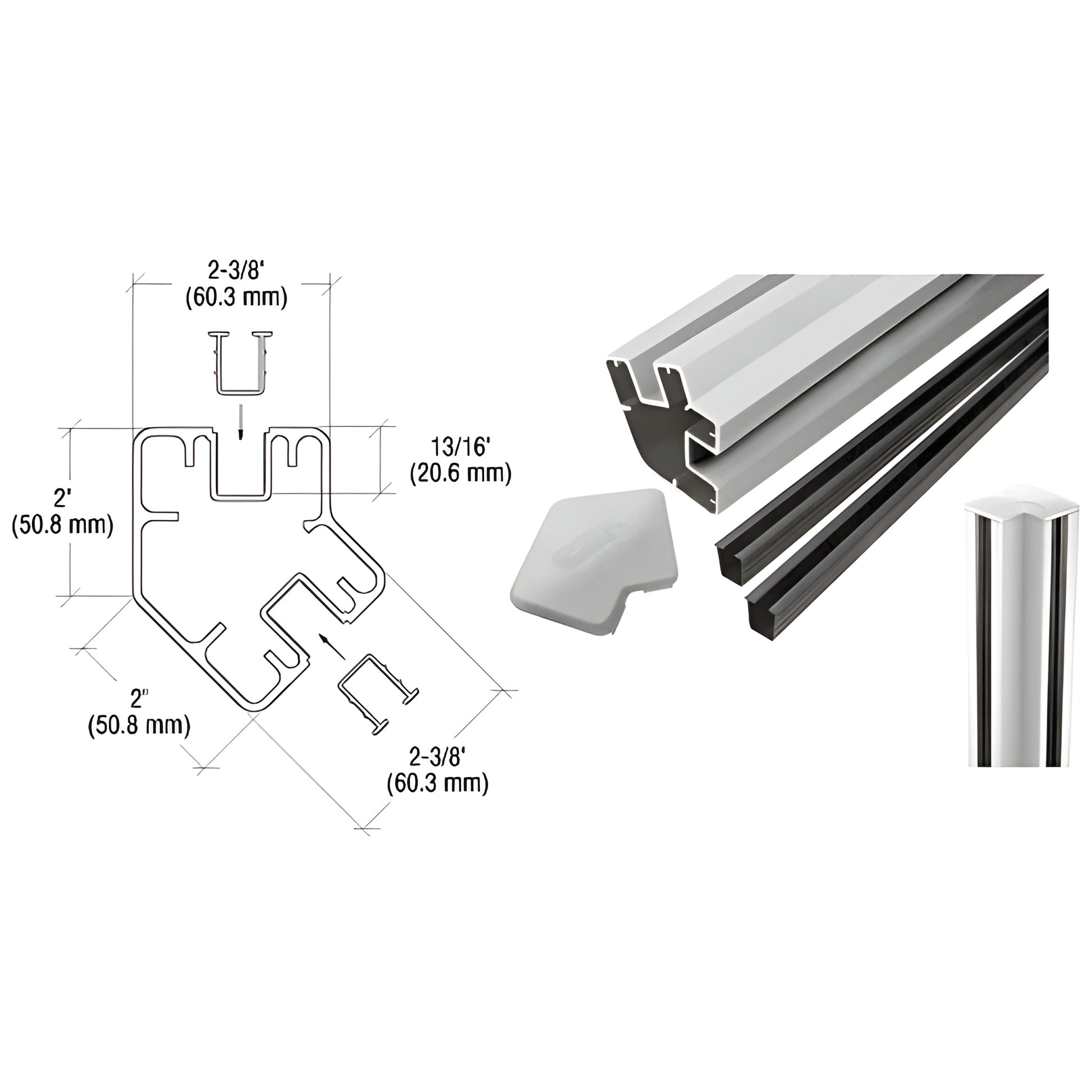S485KS 135 aluminum corner post kit, silver finish, 48in, profile diagram with vinyl gaskets and top cap
