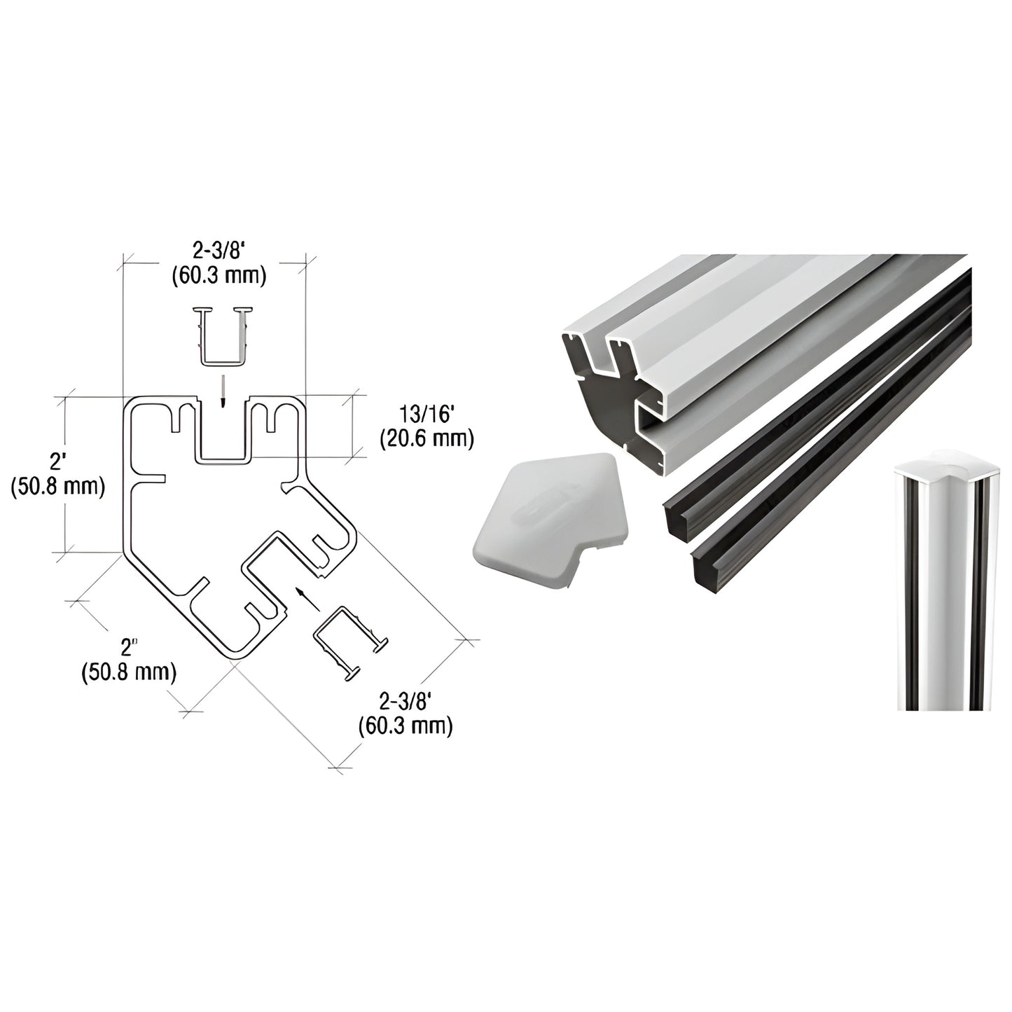 CRL S605KS 135 aluminum corner glass post kit, silver metallic 60in with vinyl seals and top cap, fits 1/4-3/8" or 1/2" glas