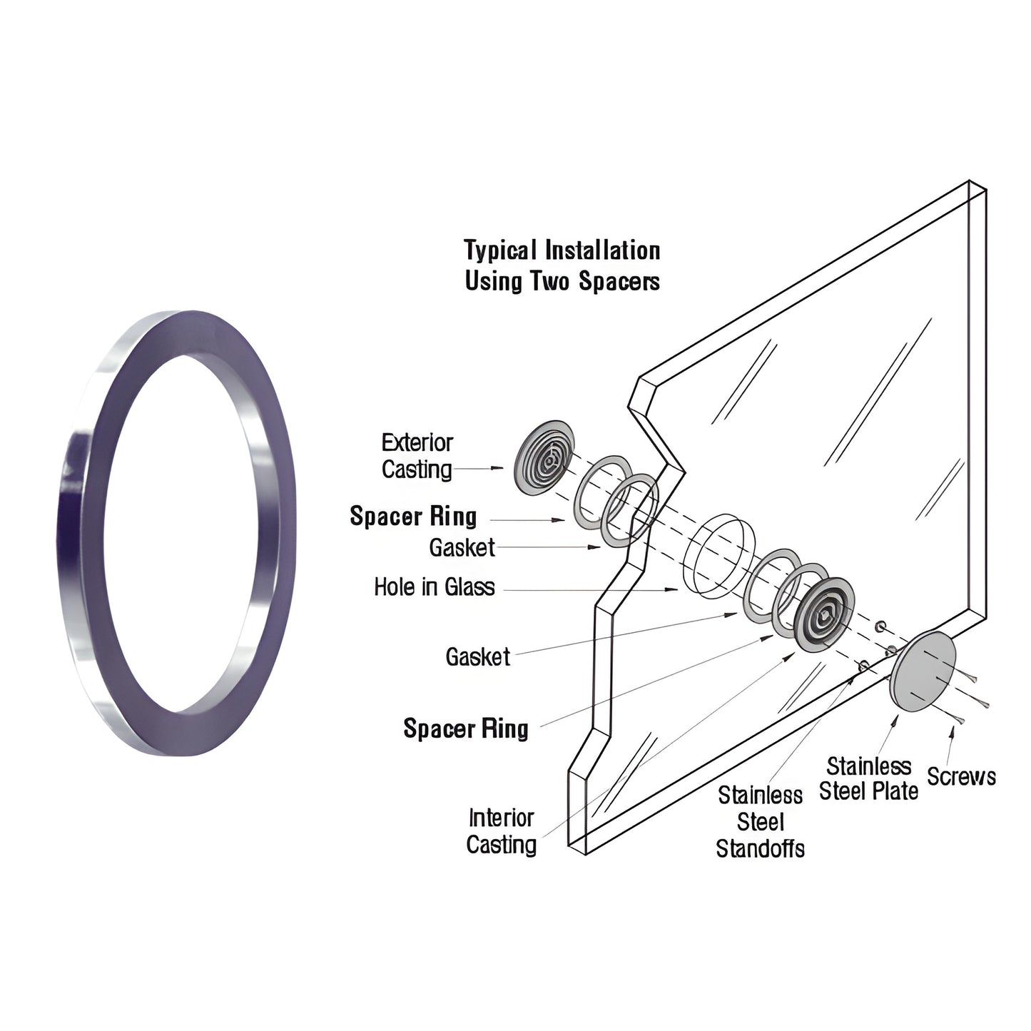 Brushed stainless spacer ring (SKU SR666238) for N666 speak thru, shown next to exploded glazing installation diagram.