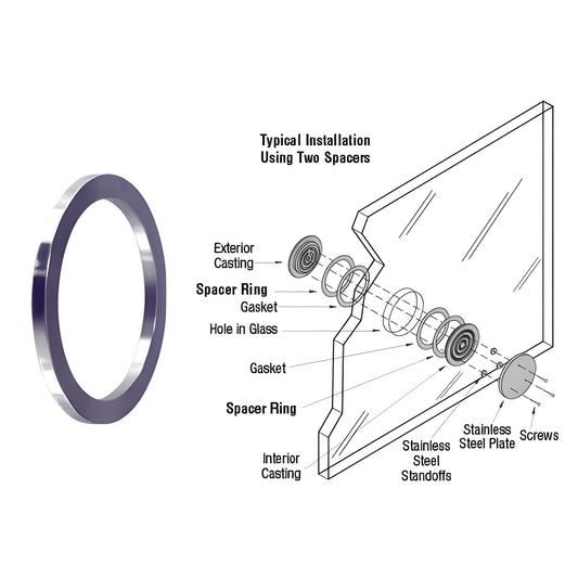 Brushed stainless spacer ring (SKU SR666238) for N666 speak thru, shown next to exploded glazing installation diagram.
