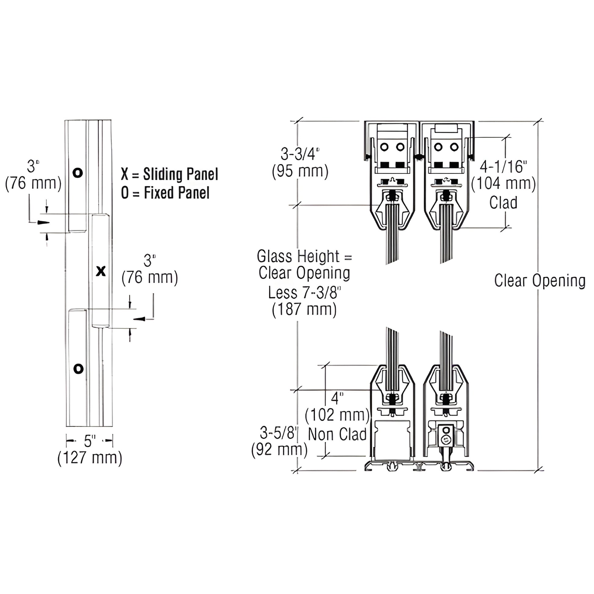 Technical line drawing of CRL SDR3ESA bottom-rolling sliding glass door system with tapered 4in rails and dimensions.
