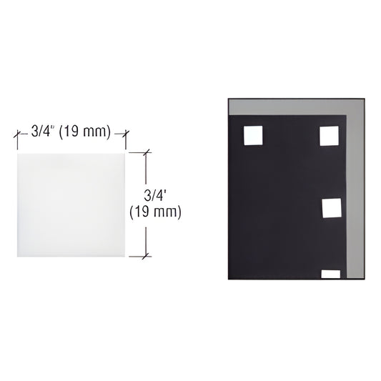 CRL4026 white 3/4" (19 mm) peel-and-stick foam mounting squares, single square and examples applied to a frame (1000 per box)