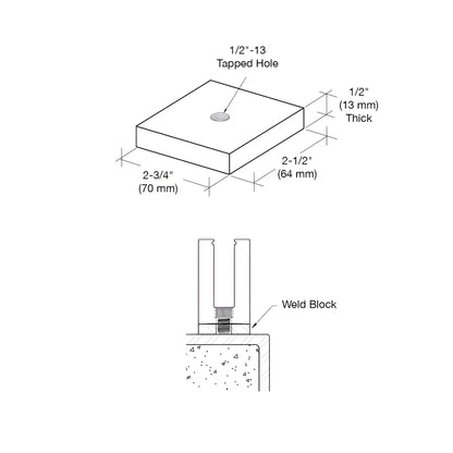 Mill steel weld block BSWB712, 2-1/2 x 2-3/4 in, 1/2 in thick, centered 1/2-13 tapped hole.