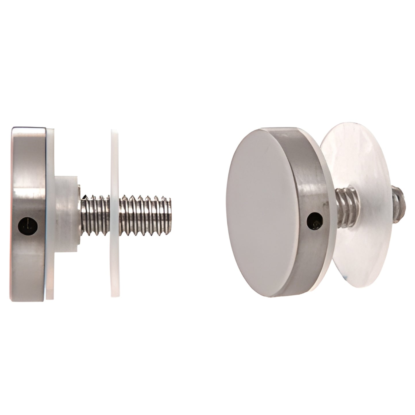 Brushed stainless 1-1/4" standoff cap assembly with threaded stud, front and side views (SKU CAP114BS)