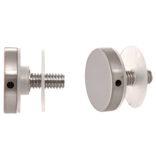 Brushed stainless 1-1/4" standoff cap assembly with threaded stud, front and side views (SKU CAP114BS)