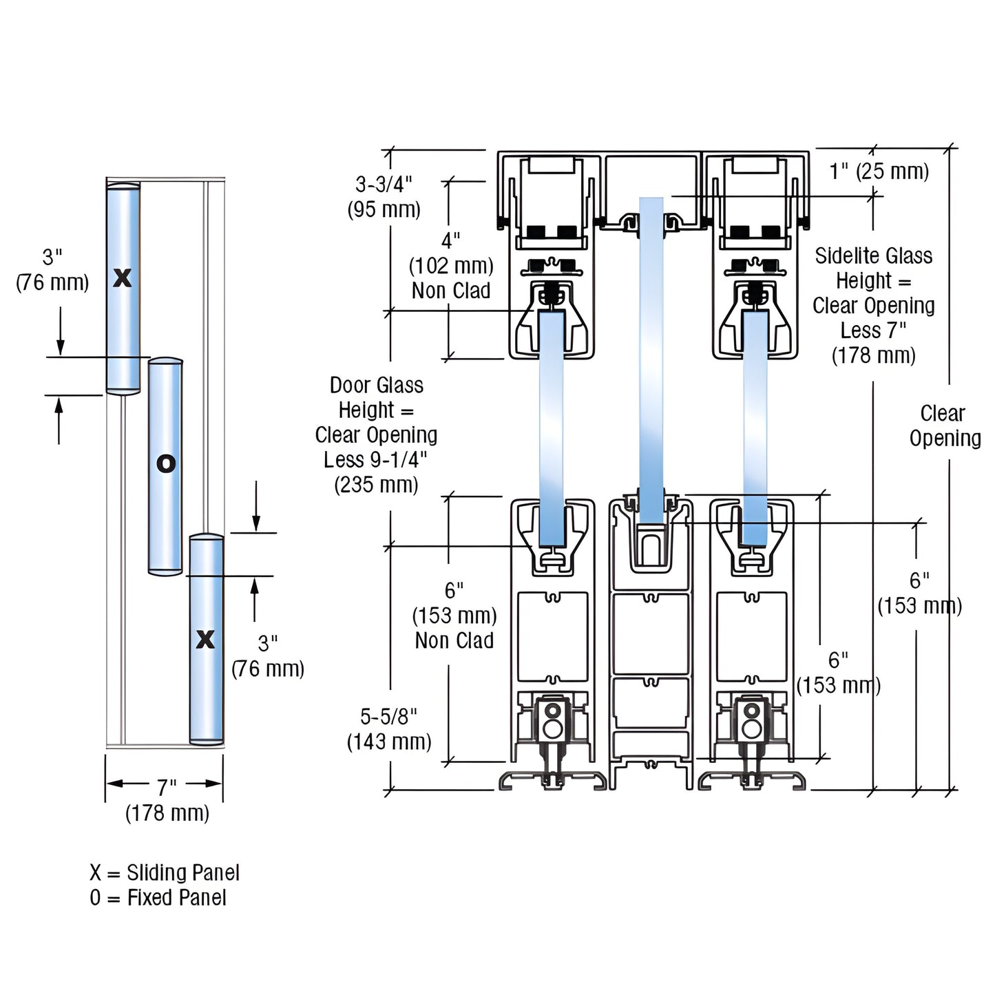 Technical cross-section drawing of CRL SSR bottom-rolling 3-panel (XOX) sliding door system, dimensions, SKU 6SSR3DDU