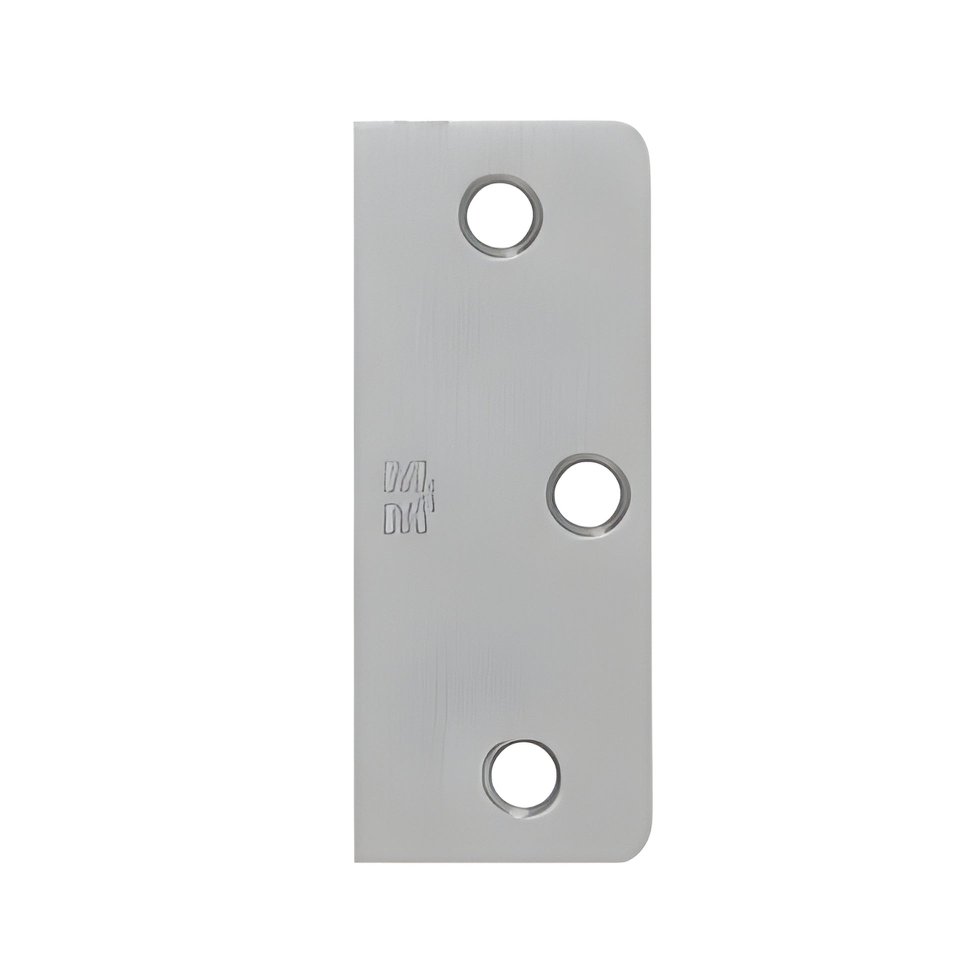 Dull chrome hinge filler SKU F35426D - 3.5 in rectangular plate with three round screw holes and one rounded corner