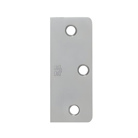 Dull chrome hinge filler SKU F35426D - 3.5 in rectangular plate with three round screw holes and one rounded corner
