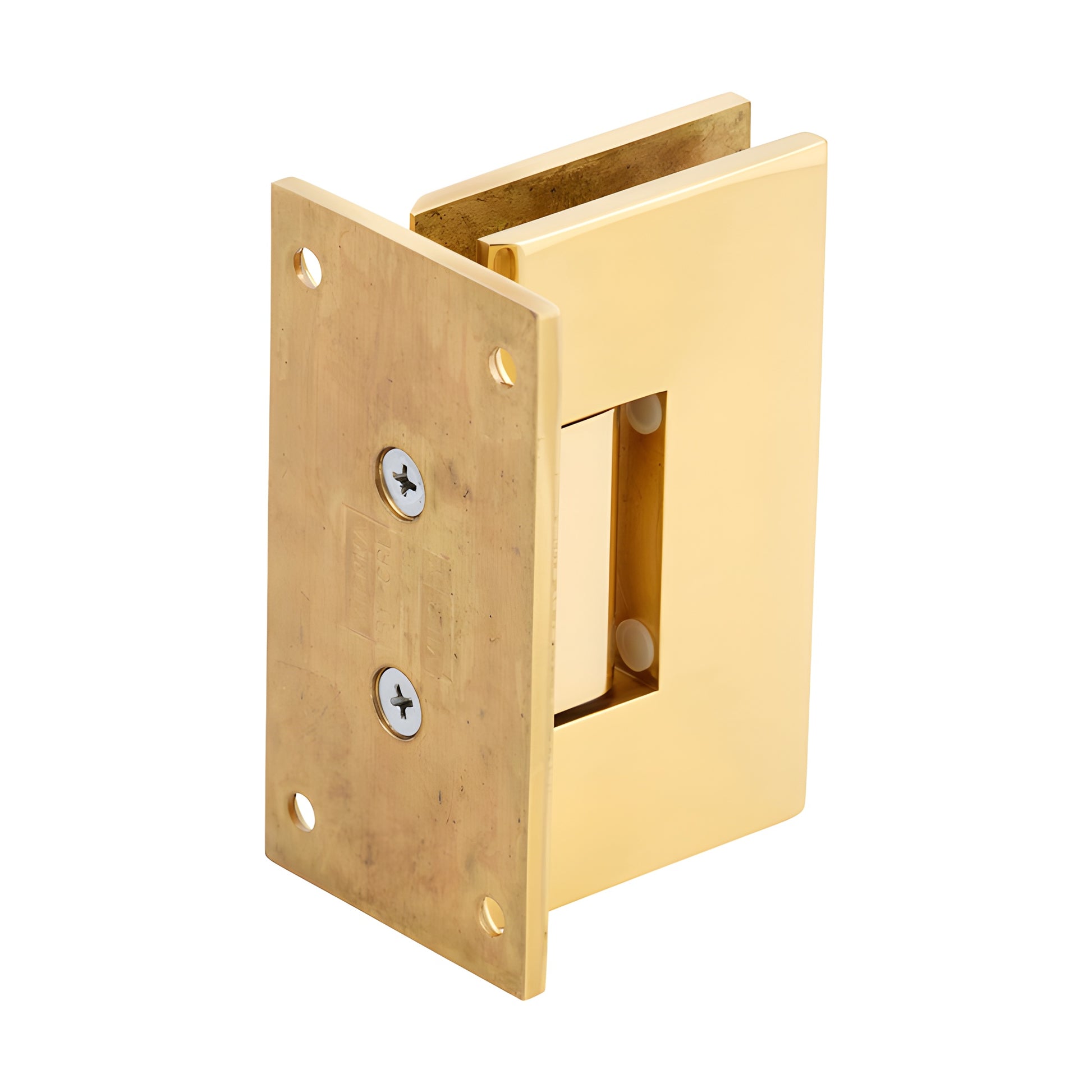 Vienna solid brass shower hinge (SKU V1E037ULBR), unlacquered brass finish, full back plate, fits 3/8-1/2" glass