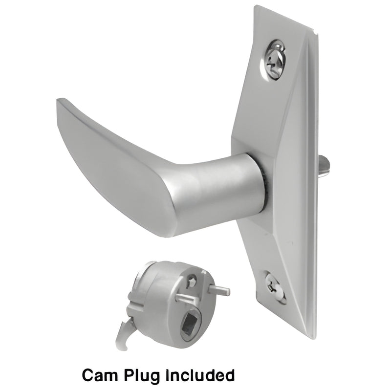 DL2150LHA aluminum left-hand deadlatch lever with 4x1-3/8" escutcheon and cam plug included.