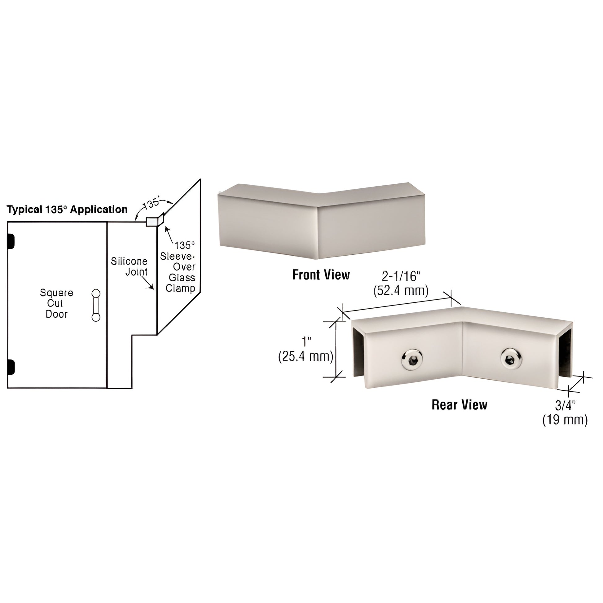 CRL S0GC135PN polished nickel 135 sleeve-over glass clamp for 8-12mm tempered glass, solid brass, front/rear views