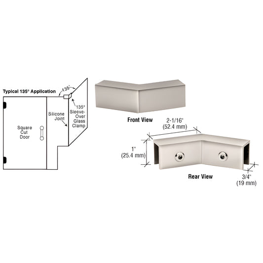 CRL S0GC135PN polished nickel 135 sleeve-over glass clamp for 8-12mm tempered glass, solid brass, front/rear views