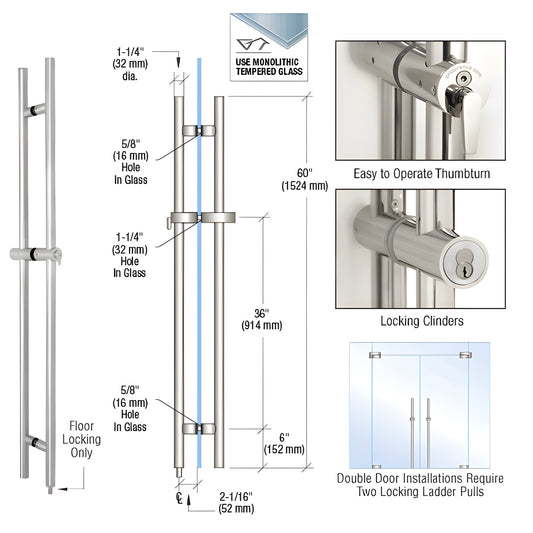 LLPA60PS 60in polished 316 stainless locking ladder pull for 1/2-3/4 in tempered glass doors, floor-locking thumbturn.