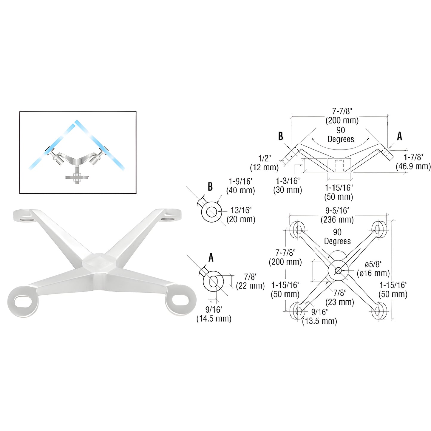 CRL stainless steel four-arm corner fitting PMH490PS for 90 glass panels; mounts to post, attachments sold separately.