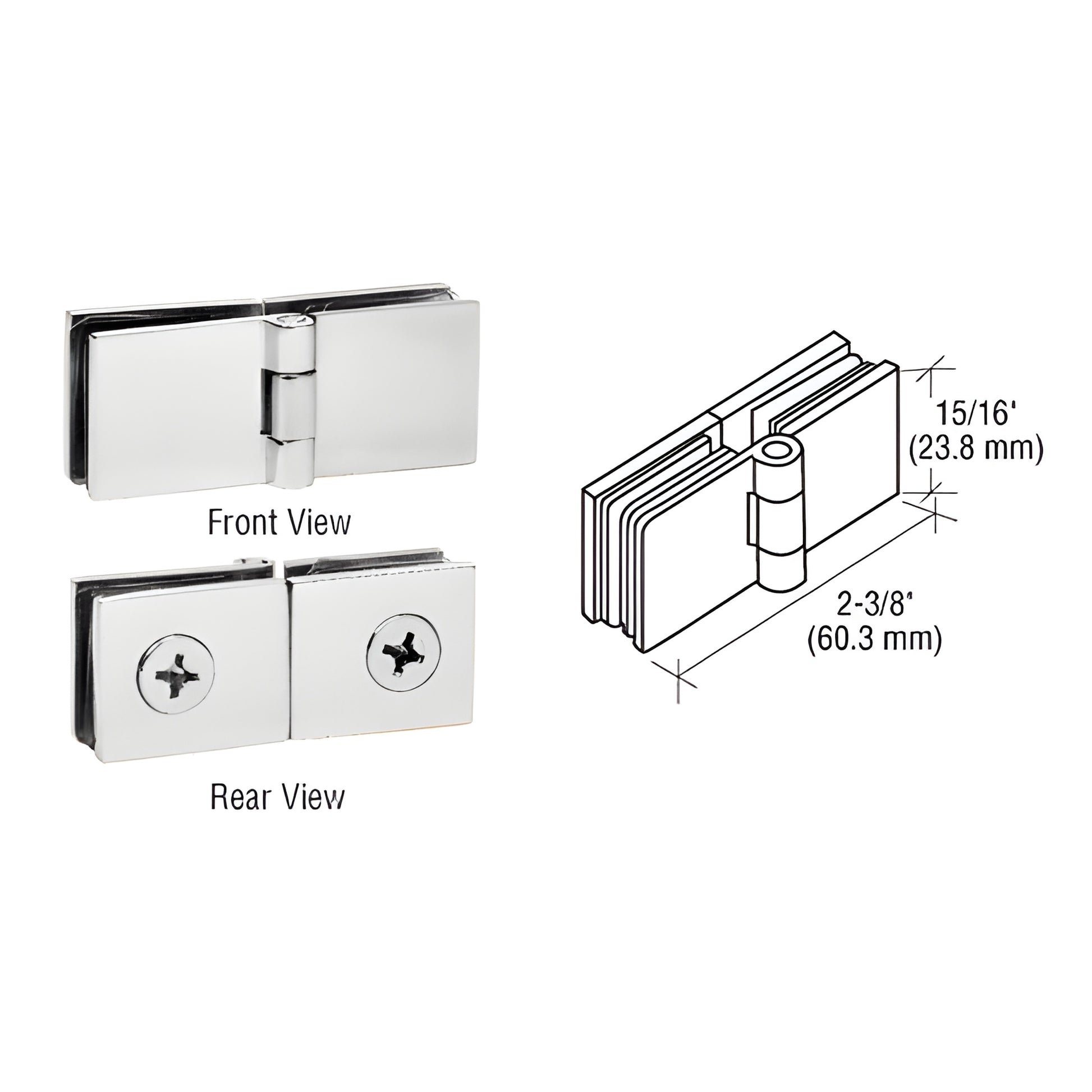 Polished chrome brass 90 glass-to-glass return hinge (EH250) for 6-8mm glass, 2-3/8" open, 15/16" high, screw mount.