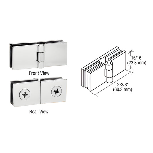 Polished chrome brass 90 glass-to-glass return hinge (EH250) for 6-8mm glass, 2-3/8" open, 15/16" high, screw mount.