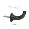Matte black brass robe hook (SKU DRH1MBL) with curved arm and through-glass mounting disc.