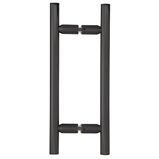Matte black ladder-style tubular shower door pull handle, 8" center-to-center, back-to-back glass mount (SKU LP8X8MBL)