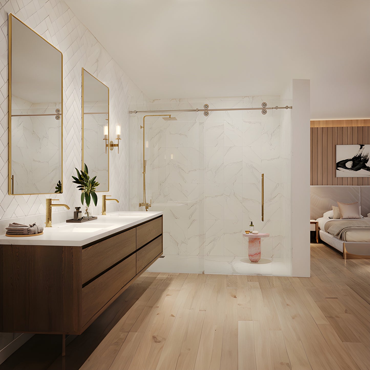 Colonia 78" premium sliding glass shower door with polished stainless steel header and round top rollers. SKU CLN78PS