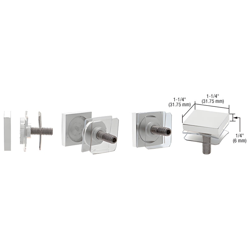 SCAP125SC Satin chrome 1-1/4" square standoff cap for glass panels, brass two-piece cap with Allen screw.
