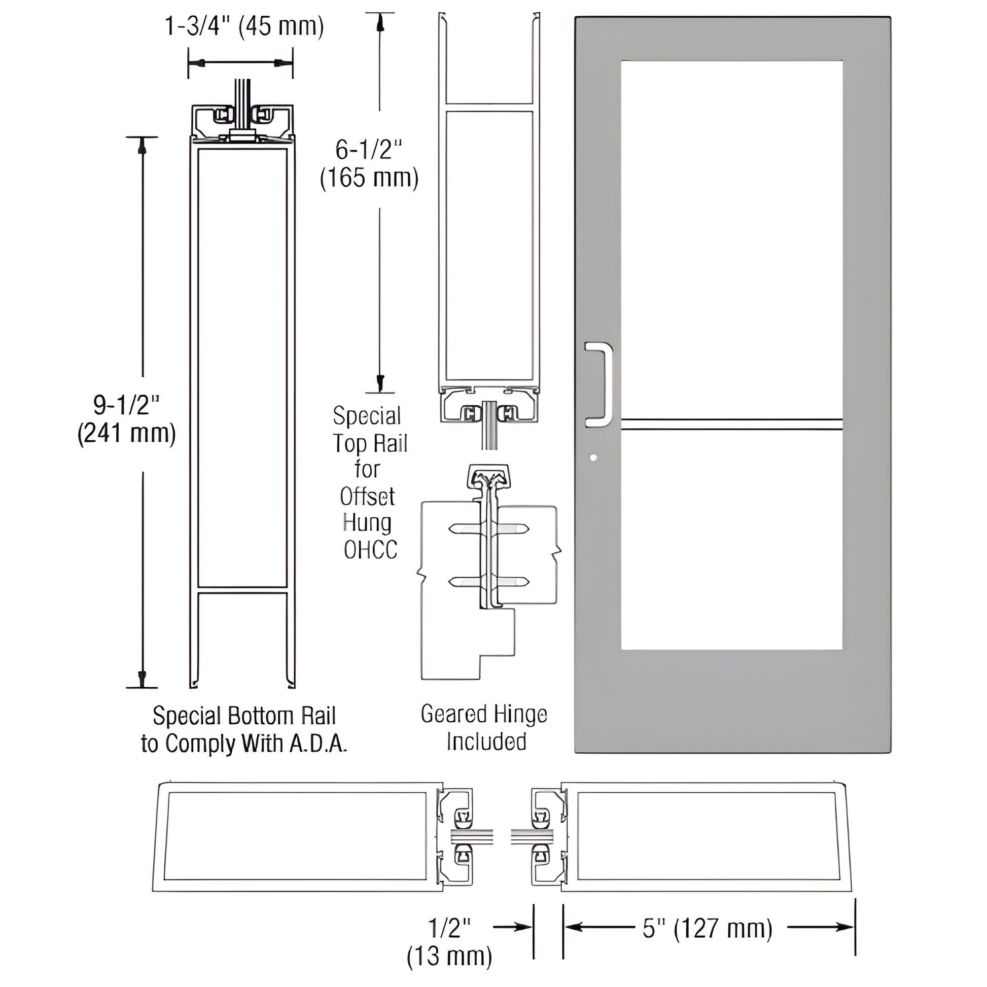 CD51911 clear anodized wide-stile commercial entrance door with 5" stiles, 91 2" ADA bottom rail; accepts 1/4" tempered glass.