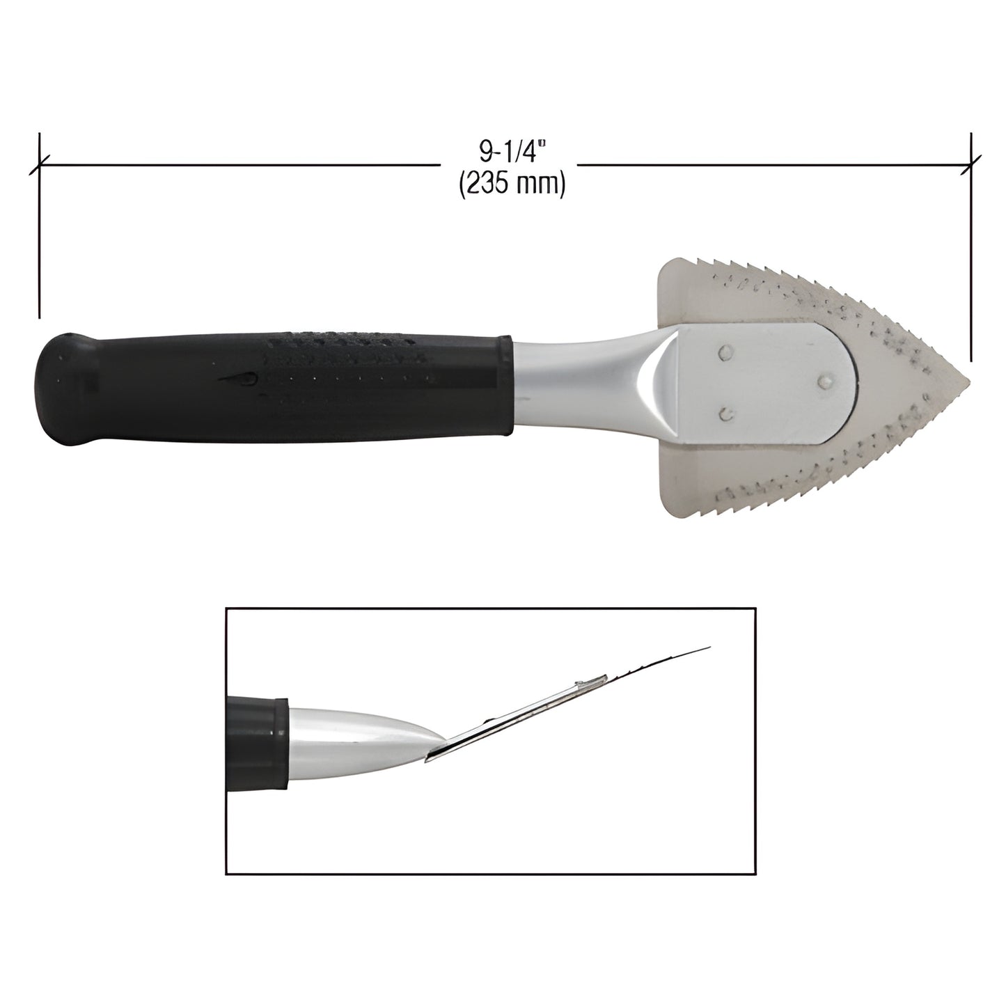 CRL Hyde Window Zipper Tool (SKU 4046): 9-1/4 stainless steel serrated triangular blade with tubular metal handle.