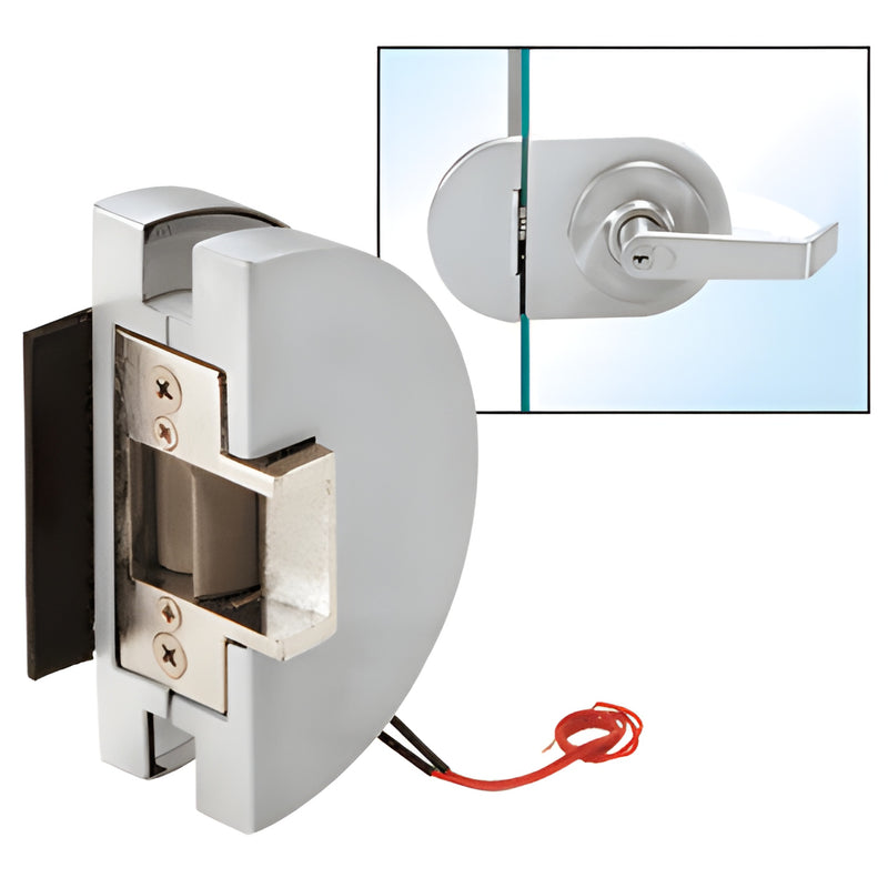 Round satin-anodized glass keeper electric strike for 1/2 in. (12mm) frameless glass doors, SKU LHE2SA