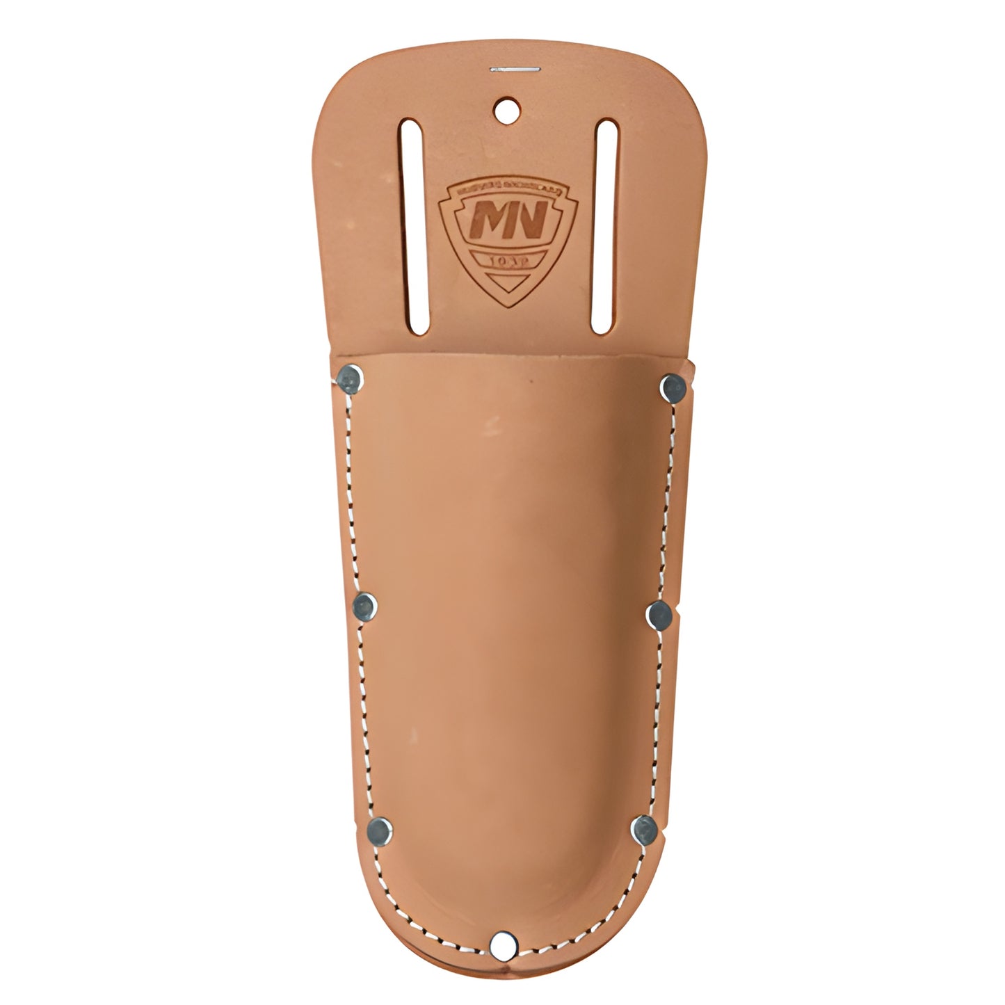MN418 tan top-grain leather plier pocket with riveted seams, two 2-3/4 in belt slots, fits 6-8 in glazier pliers
