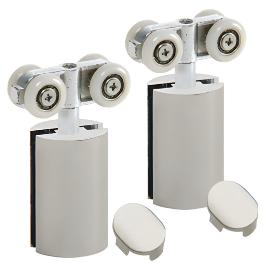 Brushed nickel Hydroslide sliding door hanger kit HYD01BN, two double rollers, glass hangers and snap in screw covers