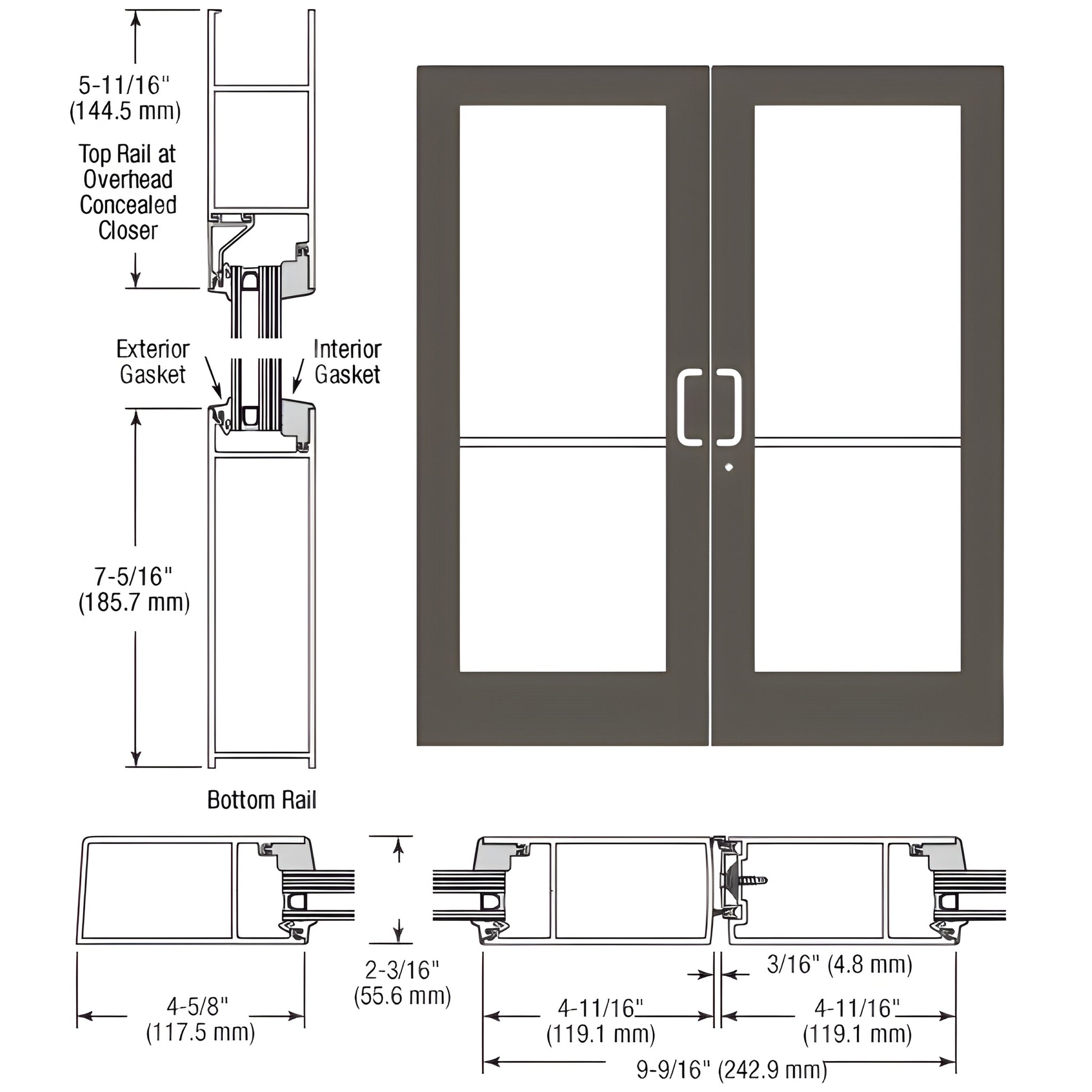 Double impact entrance pair, medium stile, black bronze anodized, prepped for hinges, deadbolt, keyed cylinder. SKU SF62922