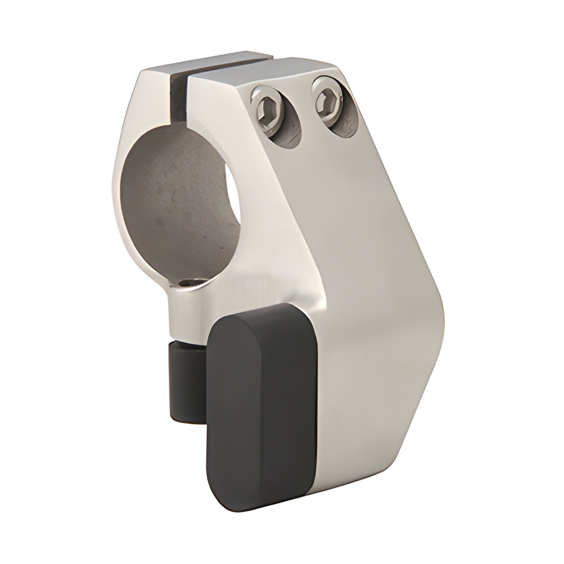 Brushed stainless steel clamp-on Laguna Series top sliding door stop (LS405RBS) with black rubber bumper.