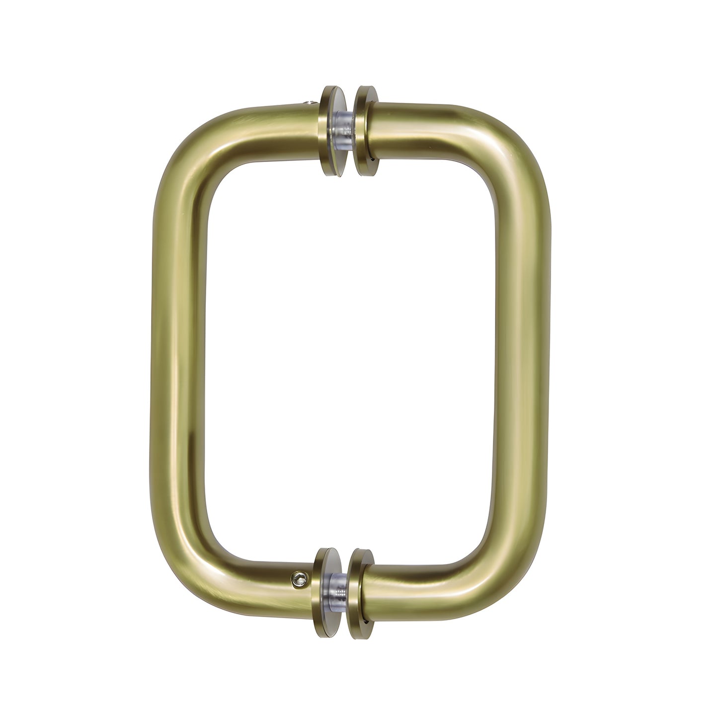 Brushed bronze back-to-back tubular glass door pull, 3/4" brass tube, 6" center-to-center, decorative metal washers.