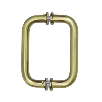 Brushed bronze back-to-back tubular glass door pull, 3/4" brass tube, 6" center-to-center, decorative metal washers.