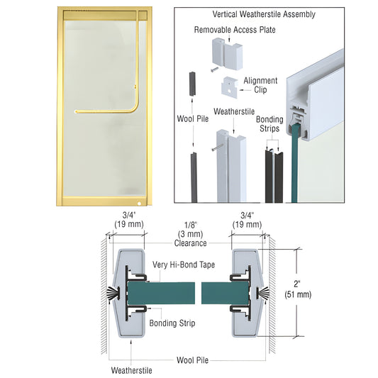 Polished brass vertical weatherstile kit W12PBS shown on 1/2" tempered glass door with assembly and cross section diagrams.