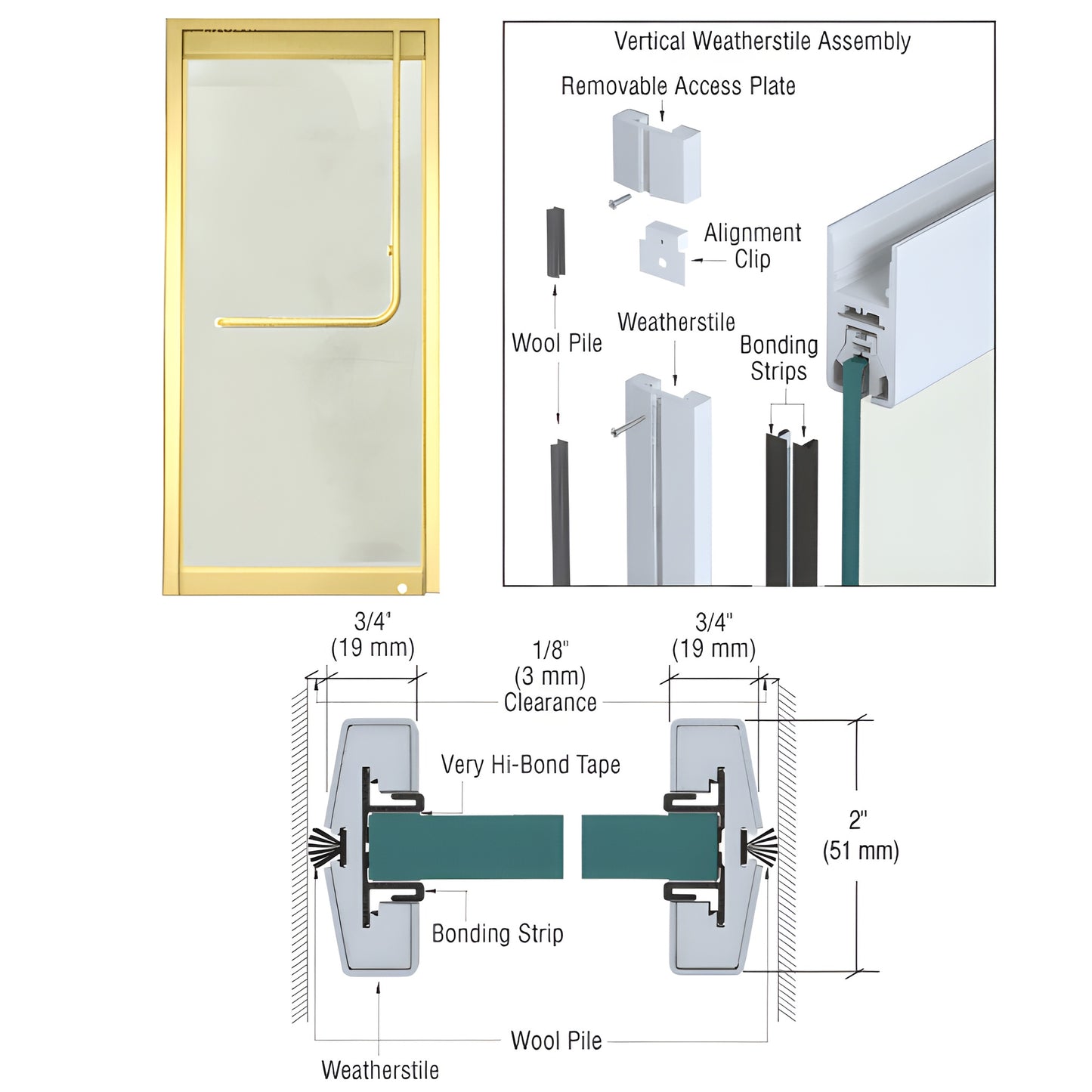 Polished brass vertical weatherstile kit (W12PBSC) for 1/2" tempered glass; diagram, components, cross section.