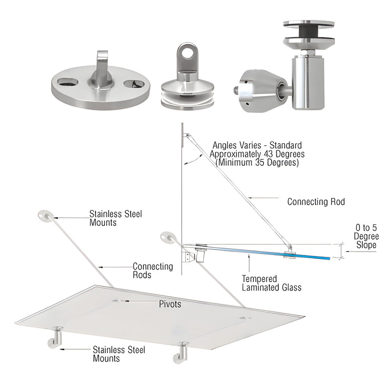 GAS190BS 316 stainless steel glass awning hardware: mounts, pivots, adj. connecting rods for 9/16" laminated glass