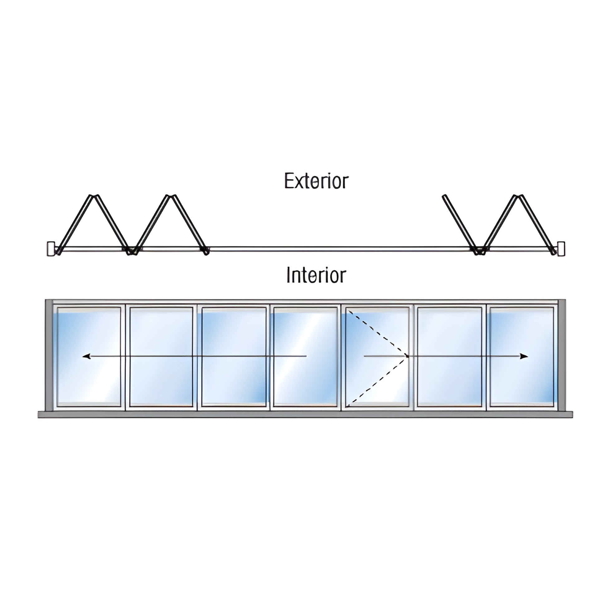 Monterey M6B43F0SAL 7 panel satin anodized aluminum bi fold glass wall (4+3 biparting), flush sill, exterior swing