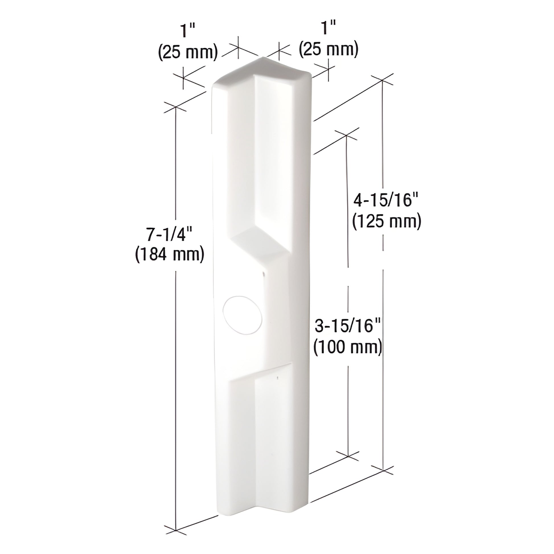 White diecast outside pull (SKU C1113) for sliding doors, 7-1/4" long, with 3-15/16" and 4-15/16" screw hole spacing.