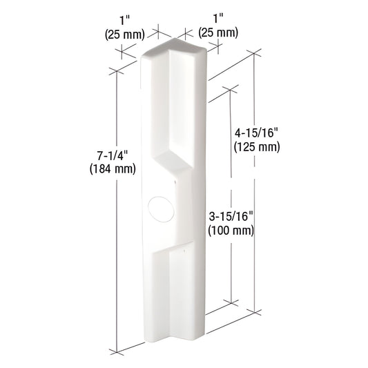 White diecast outside pull (SKU C1113) for sliding doors, 7-1/4" long, with 3-15/16" and 4-15/16" screw hole spacing.