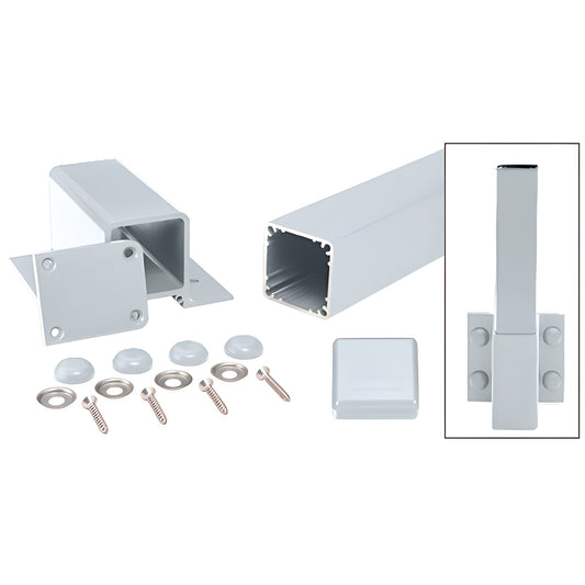 36" aluminum 2-3/8" square fascia post kit with bracket, cap, screws and washers, mill finish. SKU 1FP36KM