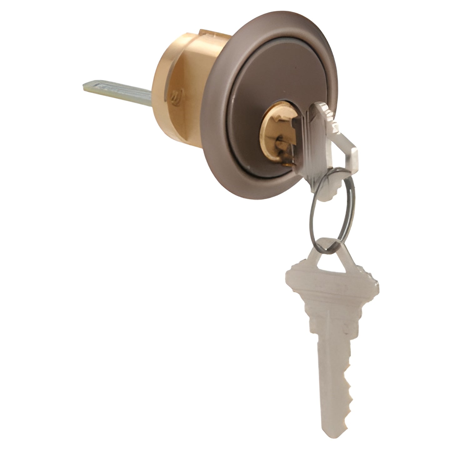 Dark bronze CRL rim cylinder 1-5/32" (29 mm), solid brass 5 pin with Schlage C key inserted on keyring.
