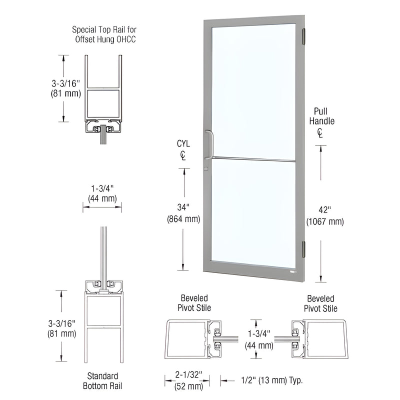 CRL narrow-stile commercial entrance door DC21411, clear anodized aluminum frame with glass and push/pull hardware