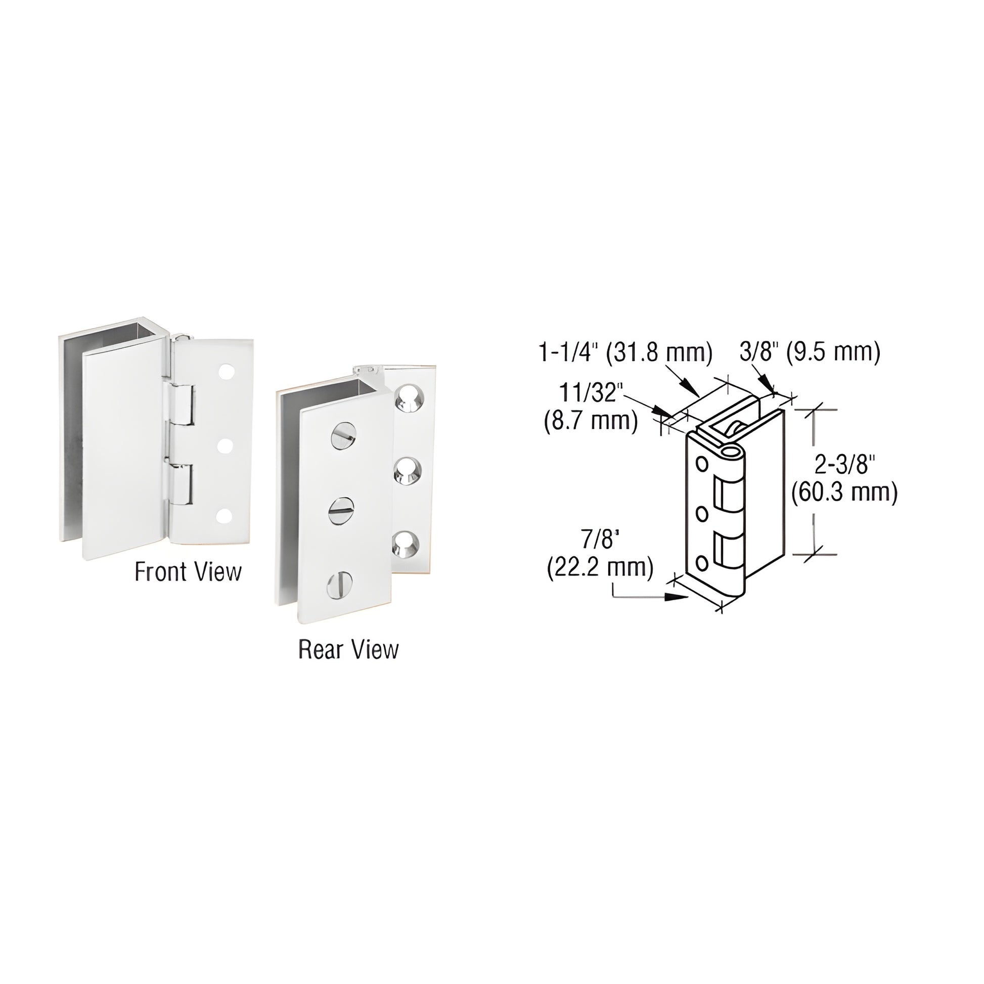 EH168 polished chrome wall-mount set-screw hinge for 5-8mm tempered glass, front/rear views and dimensional diagram.