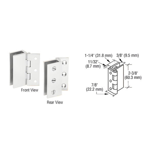 EH168 polished chrome wall-mount set-screw hinge for 5-8mm tempered glass, front/rear views and dimensional diagram.