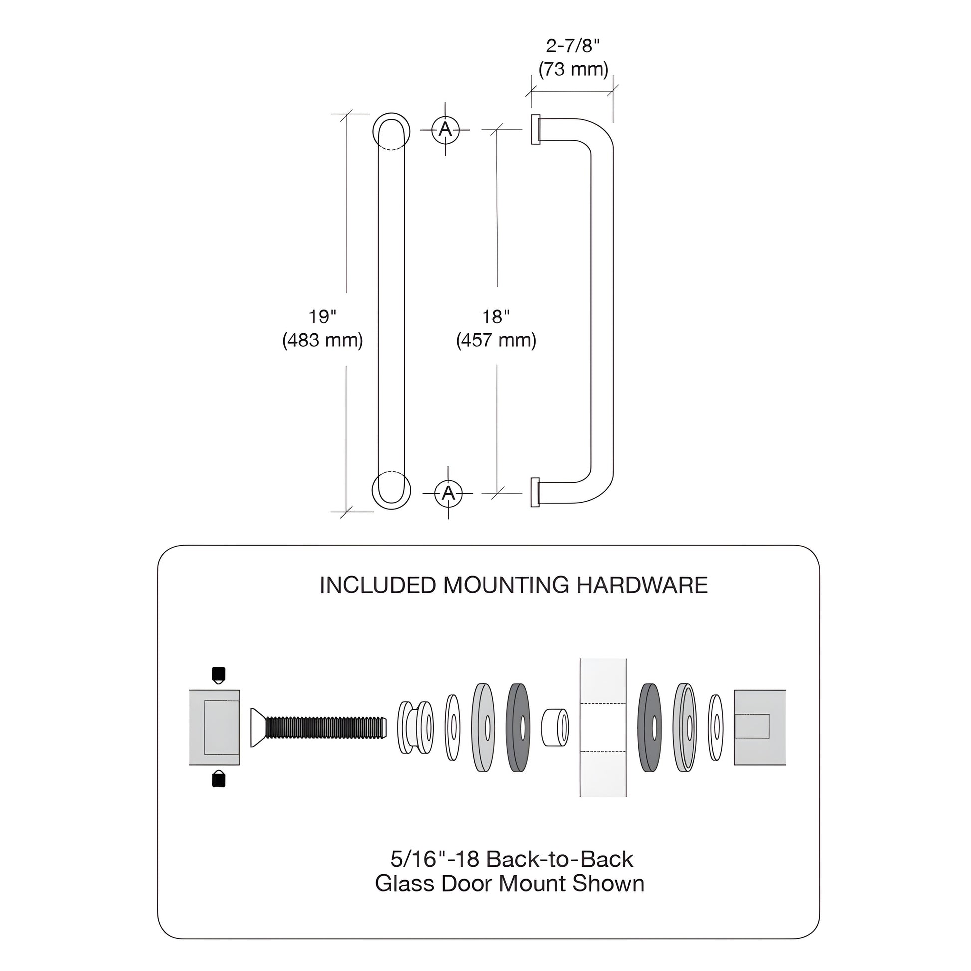 Polished stainless steel glass-mounted pull handle, 18 in center-to-center, fits 3/8-3/4 in tempered glass.