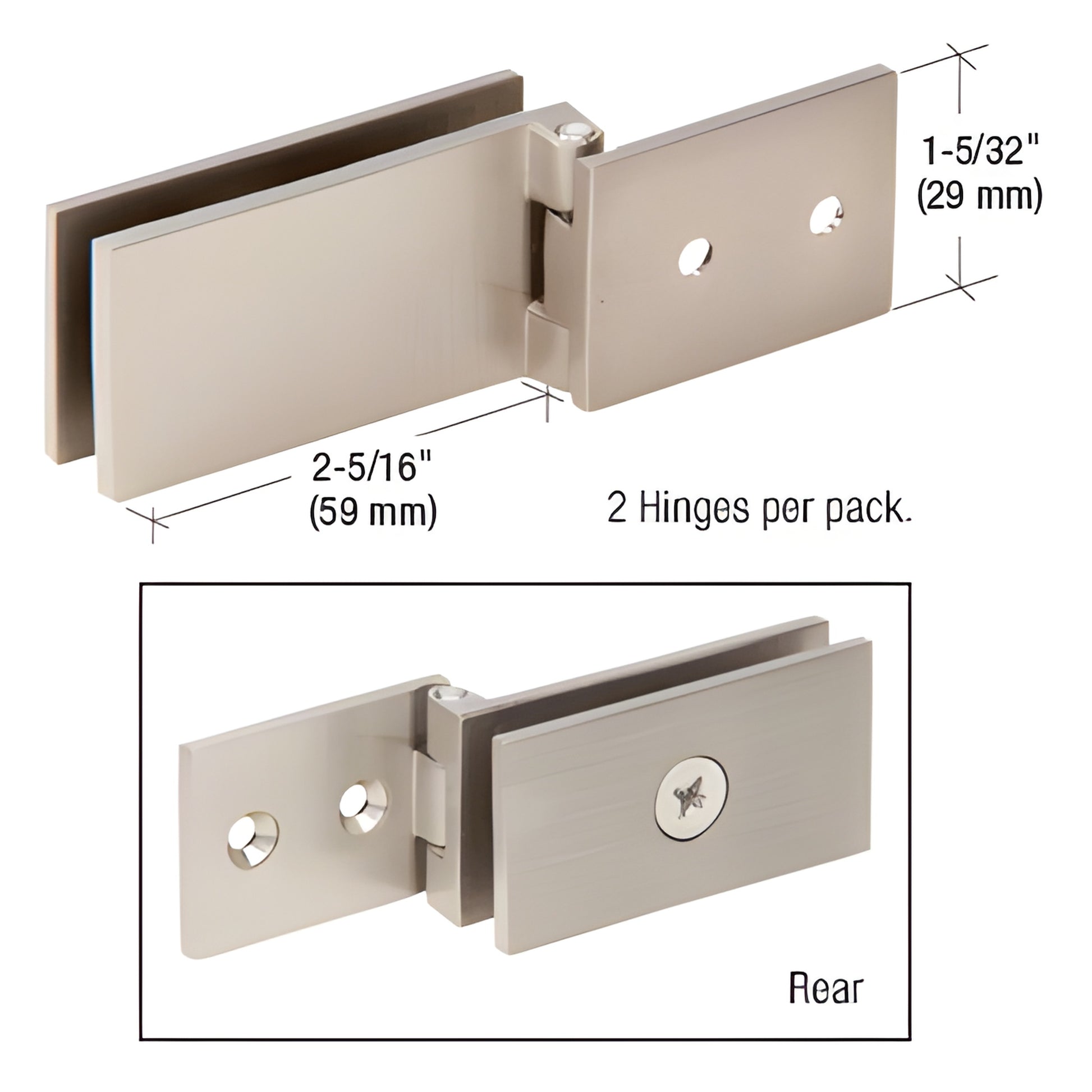 EH85 brushed nickel brass hinge for frameless glass cabinets, fits 6-8mm glass, 2 hinges per pack.