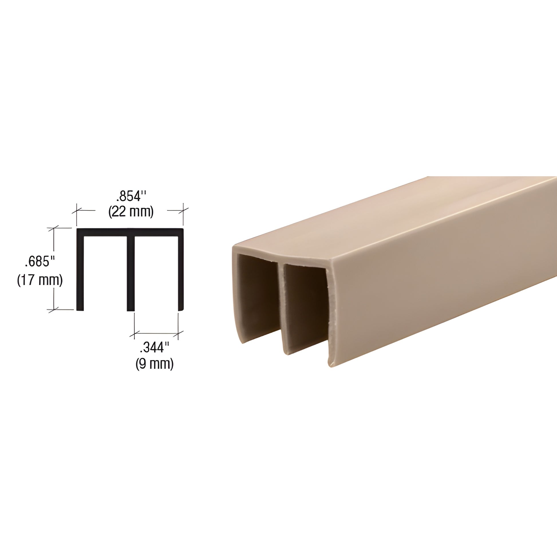 Tan plastic upper track D712T for 1/4" (6mm) sliding panels, twin channel profile, 144" length, 0.685" high.