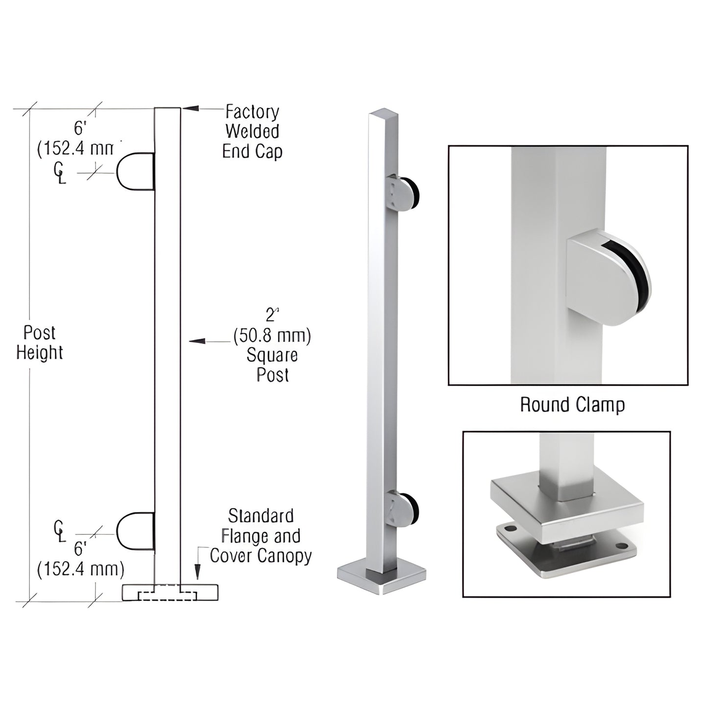 SPR36EPS stainless steel 2" square glass clamp post kit with base plate, cover canopy and round clamps