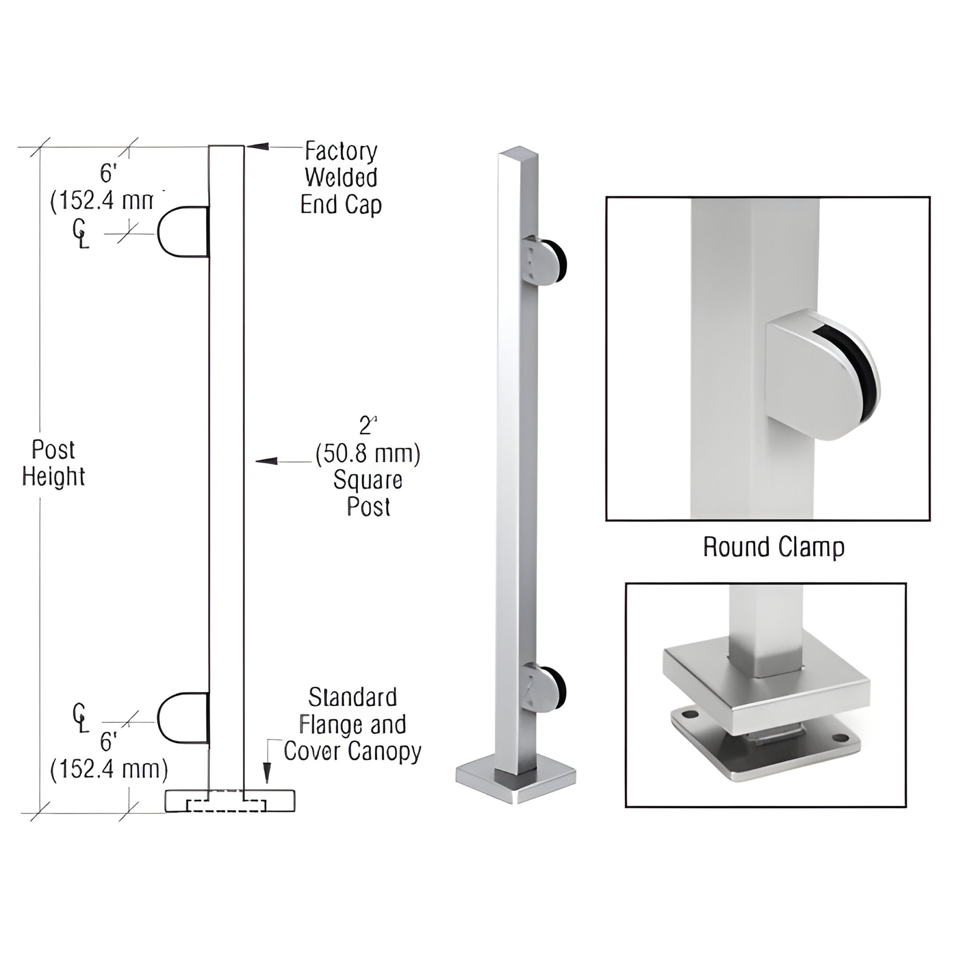 SPR36EPS stainless steel 2" square glass clamp post kit with base plate, cover canopy and round clamps